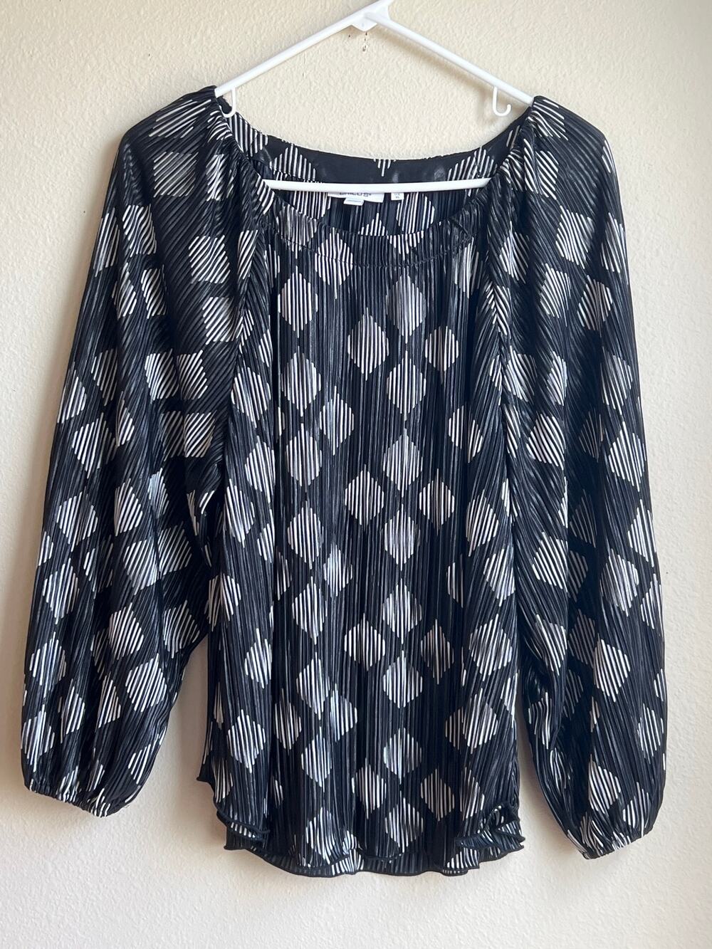 Chicos 3 Black Silver Diamond Pleated Blouse XL Balloon Sleeve Top Peasant